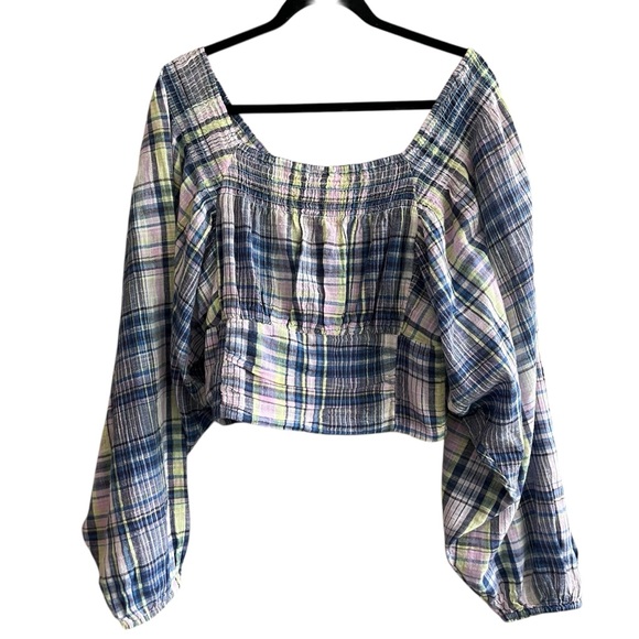 Free People Nicole Smocked Plaid Crop Top - Size L - Blue/Pink/Yellow - Picture 4 of 12